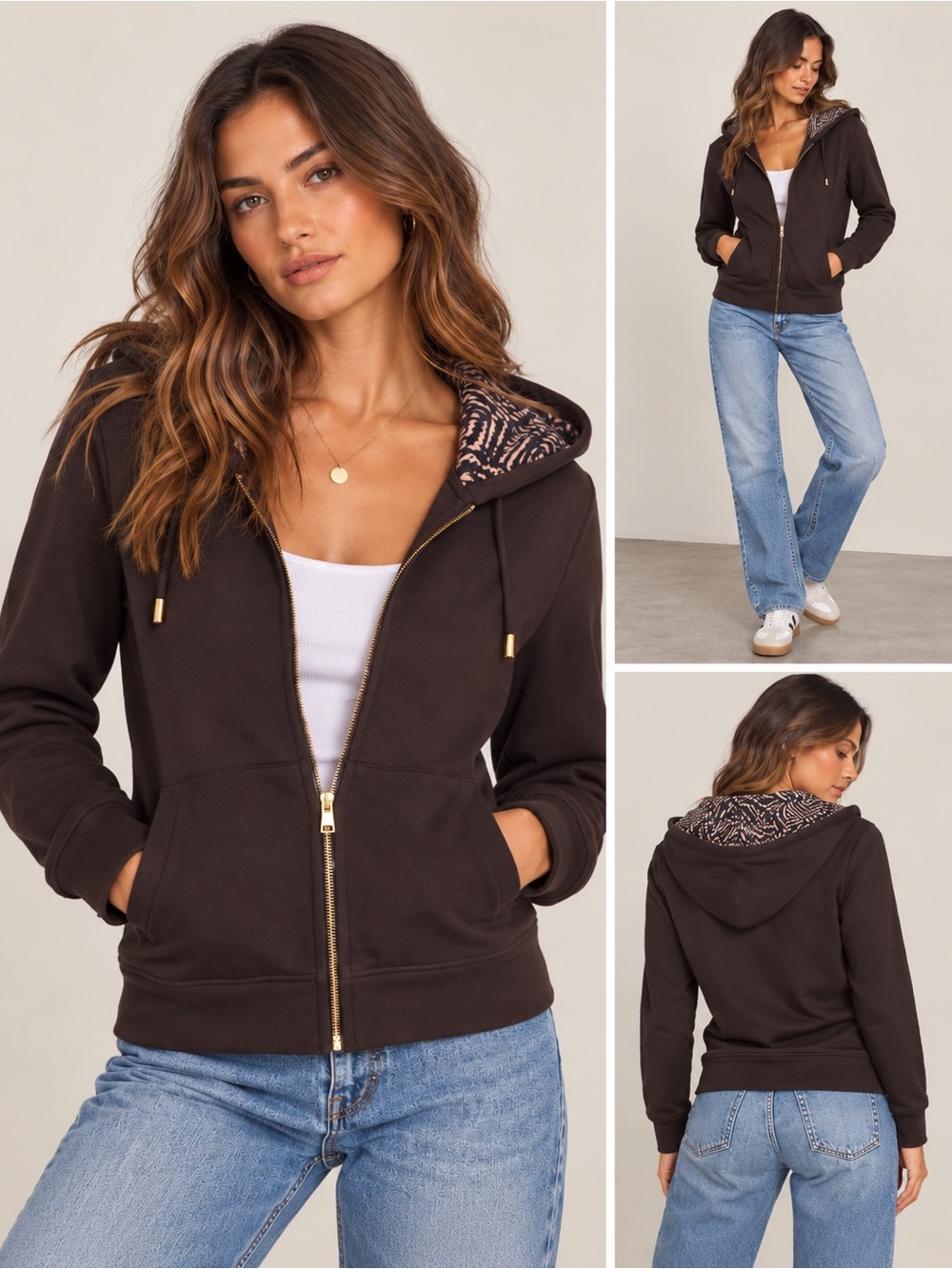 St John Sport Chocolate Brown Viscose blend printed Zip-Up hoodie small